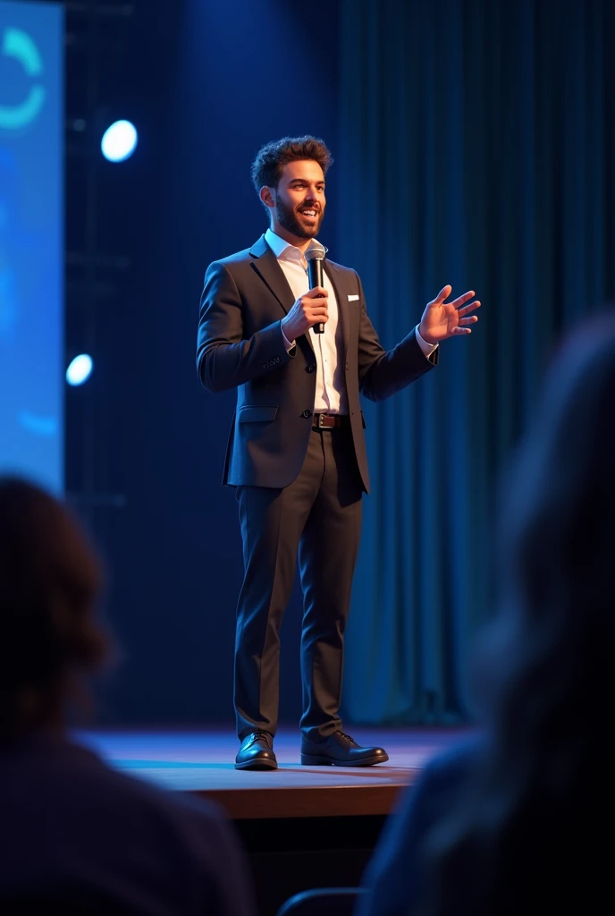 Public speaker with mic a smile and on stage