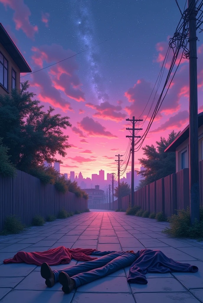 Lofi image of a 3 or 4 clothes laying down on a street with pink purple and blue starry sky with cityscape in far background and street going down to city