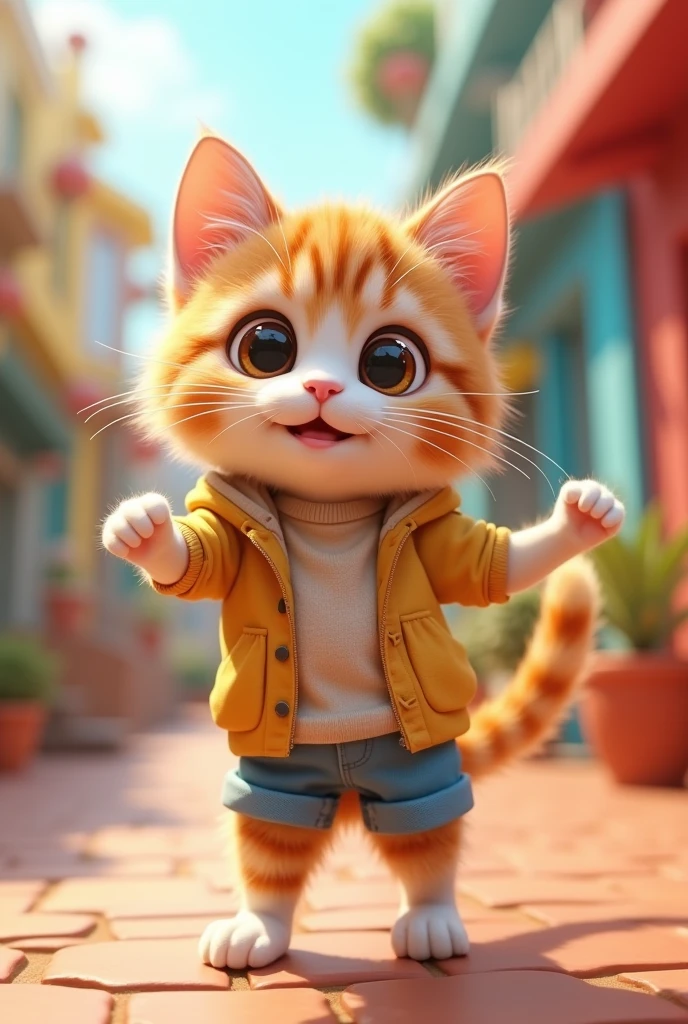 A cute brown and white cat with beautiful eyes and big eyes wearing youth clothes、Dancing 3D style picture