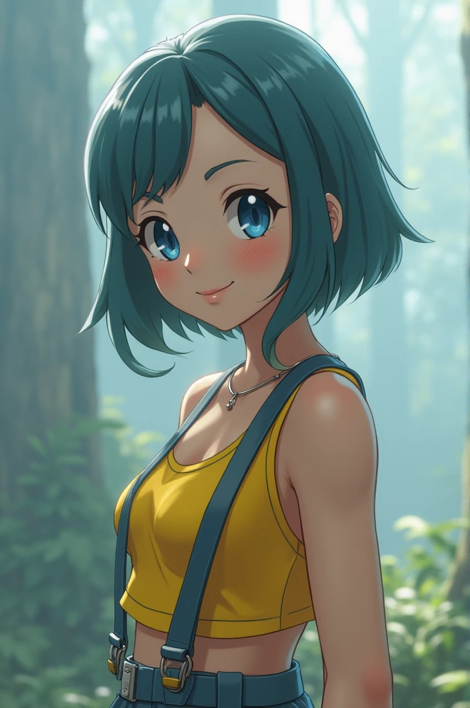 ((masterpiece,best quality)), absurdres, Misty_Pokemon, small breasts, blue eyes, yellow crop top, suspenders, solo, smiling, looking at viewer, cowboy shot, cinematic composition, dynamic pose