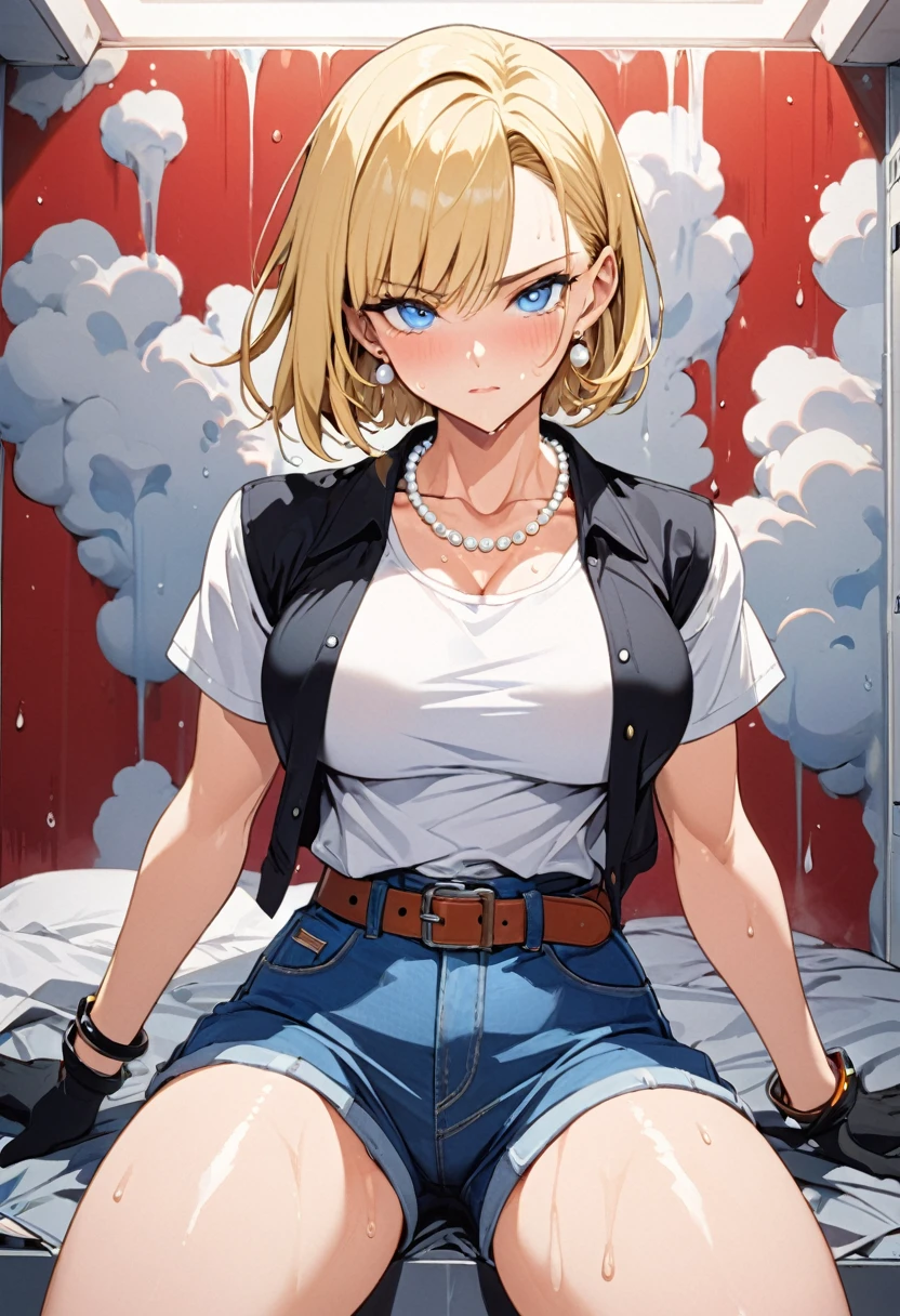 masterpiece, Highest quality, High resolution, (Artificial Human Room No. 18),1990s \(style\),(E-cup beautiful breasts)、height: 170cm,Sweating all over the body、vapor、Muscular、((sexy))、(nsfw),(M-shaped legs),Sweaty、独奏,Anime-style painting style, blonde hair, Blue eyes, belt, jeans, pearl_necklace, bracelet, black gloves, white shirt, short hair, short sleeves, earrings, blue short pants, open vest, black vest,middle breasts,Composition focusing on the upper body,(Cool face)、Pointed eyes