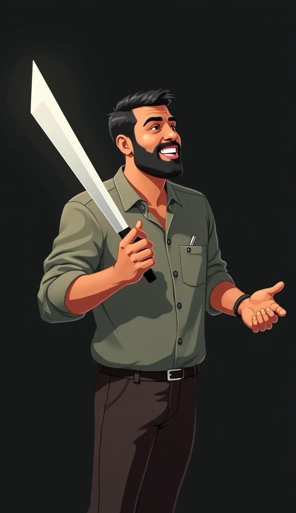 Generate a image of inspiring Indian person which in brown skin with a black beard a formal shirt having a pen in pocket and have a tye pointing there hands towards right and not a very serious face