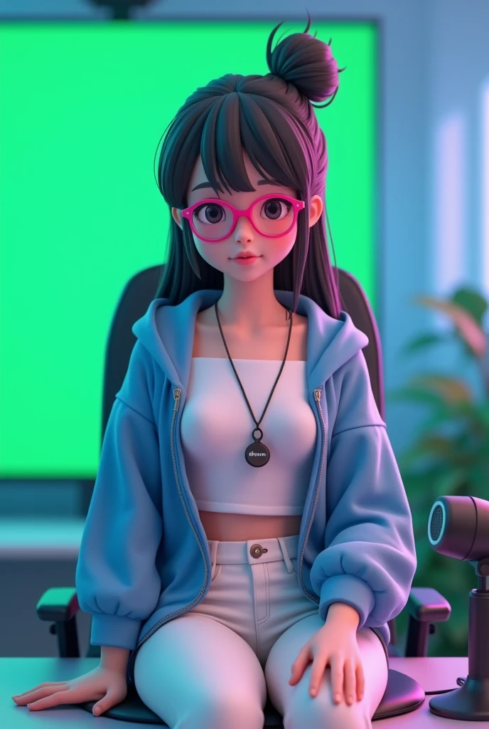 create a 3d Anime character and she was sitting straight on the chair with table her green screen background chain in her nevh with pandent written UKMON on it  she have a mic on table and she is wear a white tshirt with blue hoodie zip open with white trouser pink eye glass ang long tied bun hair and her position was straight and background light was blue and pink and aspect ratio is 16:9 for Youtube