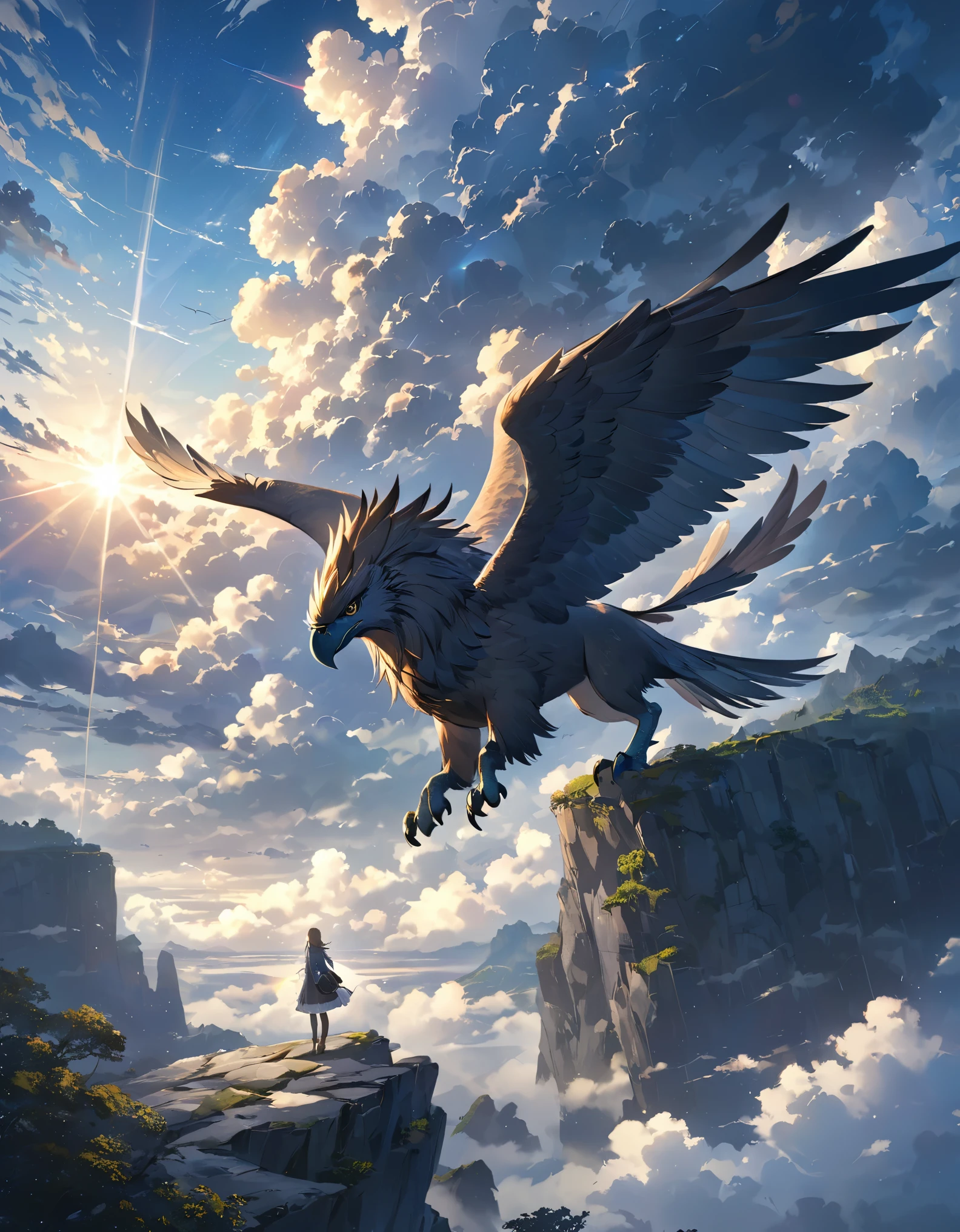 ((Amazingly absurd)),(masterpiece:1.2),超High resolution, Attention to detail, high quality, High resolution, 最high quality, 4K, 8k、Fictional Animals、((Griffon))、Standing on a cliff、The sky is overcast and covered with thick clouds.、The sunlight shines through the gaps, creating a sacred atmosphere.、Shout to the sky、Close-up