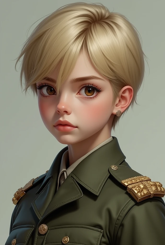 Appearance: (appearing boyish),shorter blonde hair, pale skin, slender figure, sharp brown eyes, sharp features.
Age:29
Job:soldier
Realistic image