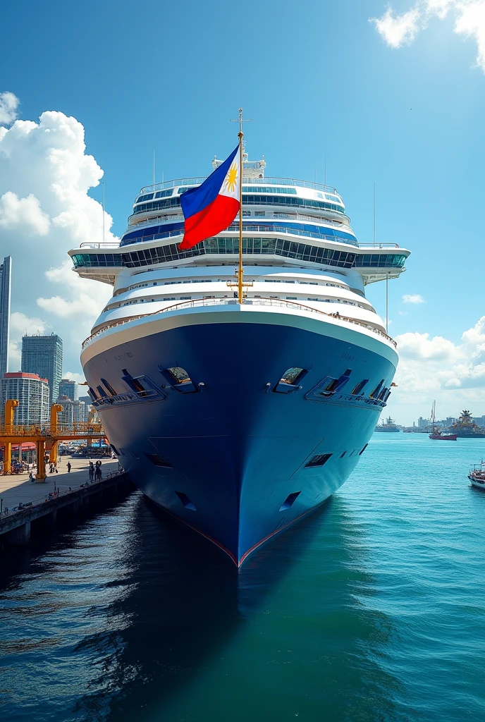 MS Princess of Philippines Cruise ship with a blue hull and a philippine flag at Manila port