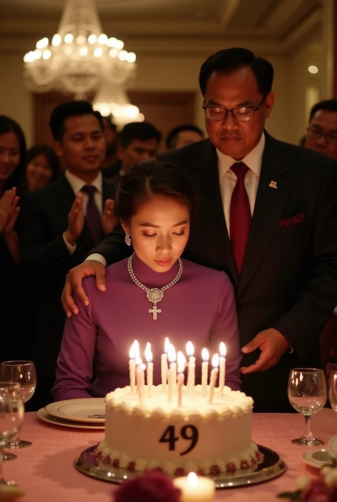 dinner celebrating the 49th birthday of an Indonesian woman,  by her side is the President of Indonesia, Joko Widodo. In front of them was a birthday cake with the word 49 written on it with the number 49 candles..  There is writing "For Diah". They were both dressed in high class formals. The woman is wearing a purple high neck dress and wearing a diamond necklace with a cross on the end.. The woman is blowing out the candles.  President Joko Widodo gave a birthday present to the woman. Around them the guests clap hands. Super realistic photos. UHD image. Front facing view