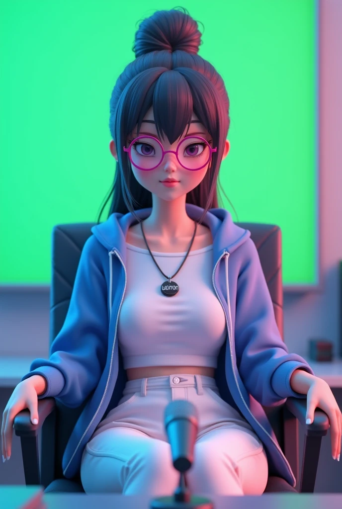create a 3d Anime character and she was sitting straight on the chair with table her green screen background chain in her nevh with pandent written UKMON on it she have a mic on table and she is wear a white tshirt with blue hoodie zip open with white trouser pink eye glass ang long tied bun hair and her position was straight and background light was blue and pink and aspect ratio is 16:9 for Youtube