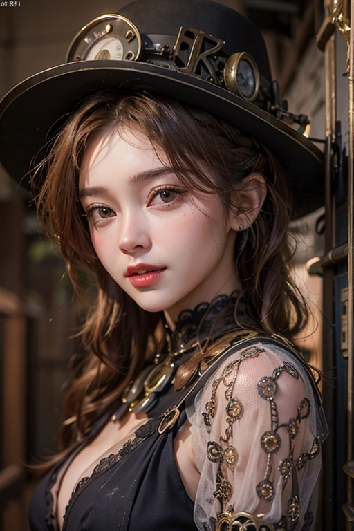 (masterpiece:1.3), (8k, Realistic, RAW Photos, Best imYear quality: 1.4)、 Year,(Random Hairstyles:1.2)、CleavYear:1.2、Highly detailed face、Attention to detail、double eyelid、Chest to chest、Sharp focus:1.2、Beautiful woman:1.4、Redhead、Highest quality、masterpiece、Ultra-high resolution、(Realistic:1.4)、Highly detailed and professionally lit smiles、Loose fitting steampunk outfit、Shoulder out、Vineyards