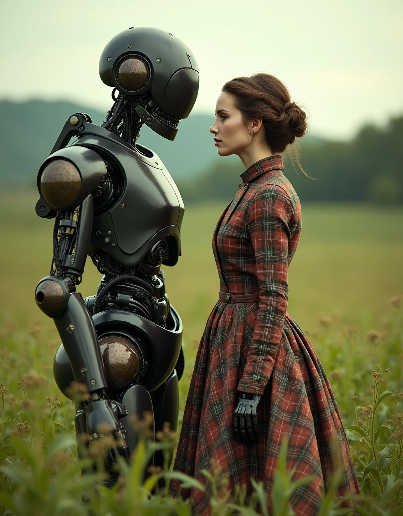 there is a woman standing next to a robot in a field, vogue italia, tartan garment, classical animation, scott robertson, two models in the frame, victorian photograph, two women, cyborg warrior  