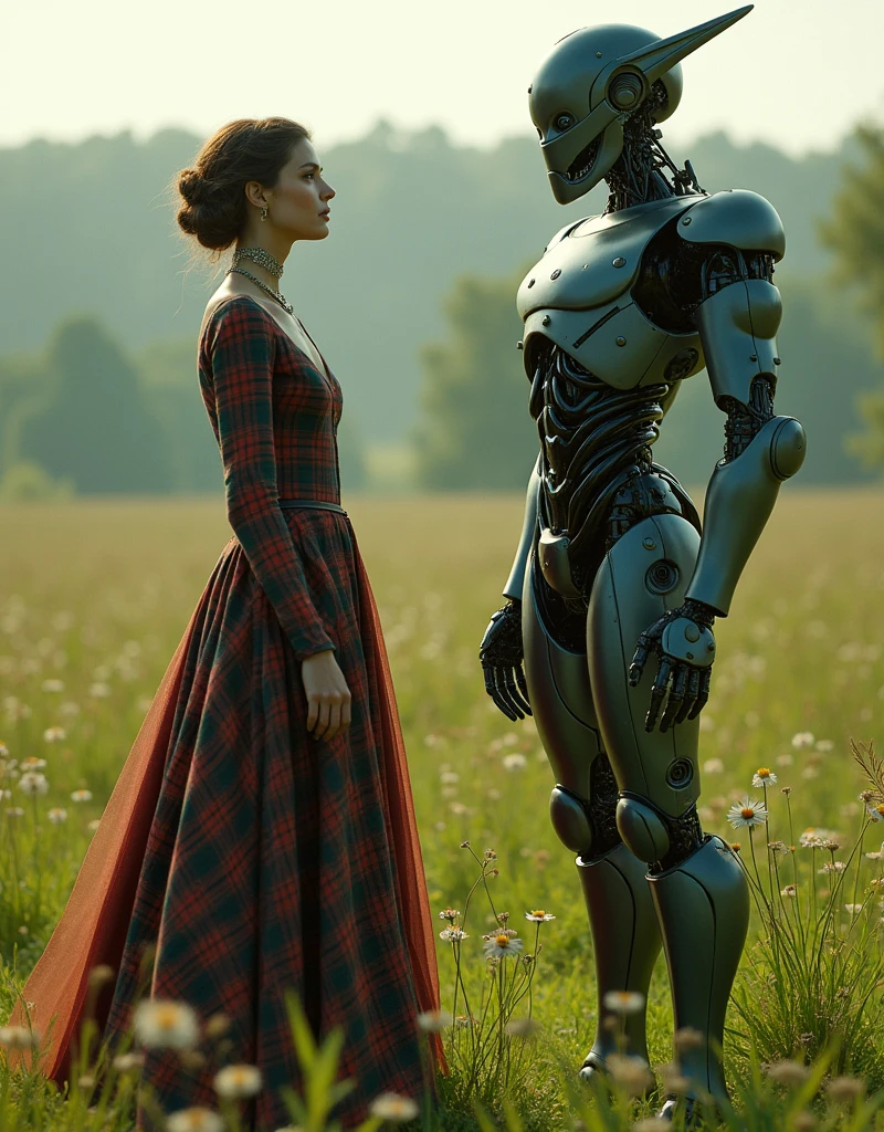 there is a woman standing next to a robot in a field, vogue italia, tartan garment, classical animation, scott robertson, two models in the frame, victorian photograph, two women, cyborg warrior