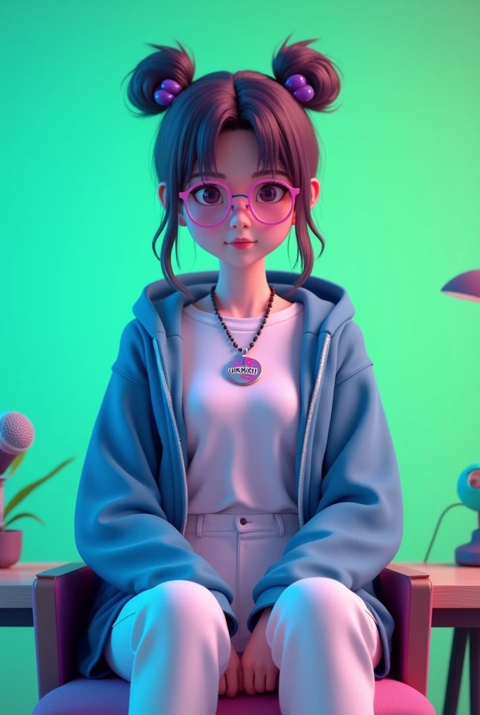create a 3d Anime character and she was sitting straight on the chair with table her green screen background chain in her nevh with pandent written UKMON on it she have a mic on table and she is wear a white tshirt with blue hoodie zip open with white trouser pink eye glass ang long tied bun hair and her position was straight and background light was blue and pink and aspect ratio is 16:9 for Youtube
