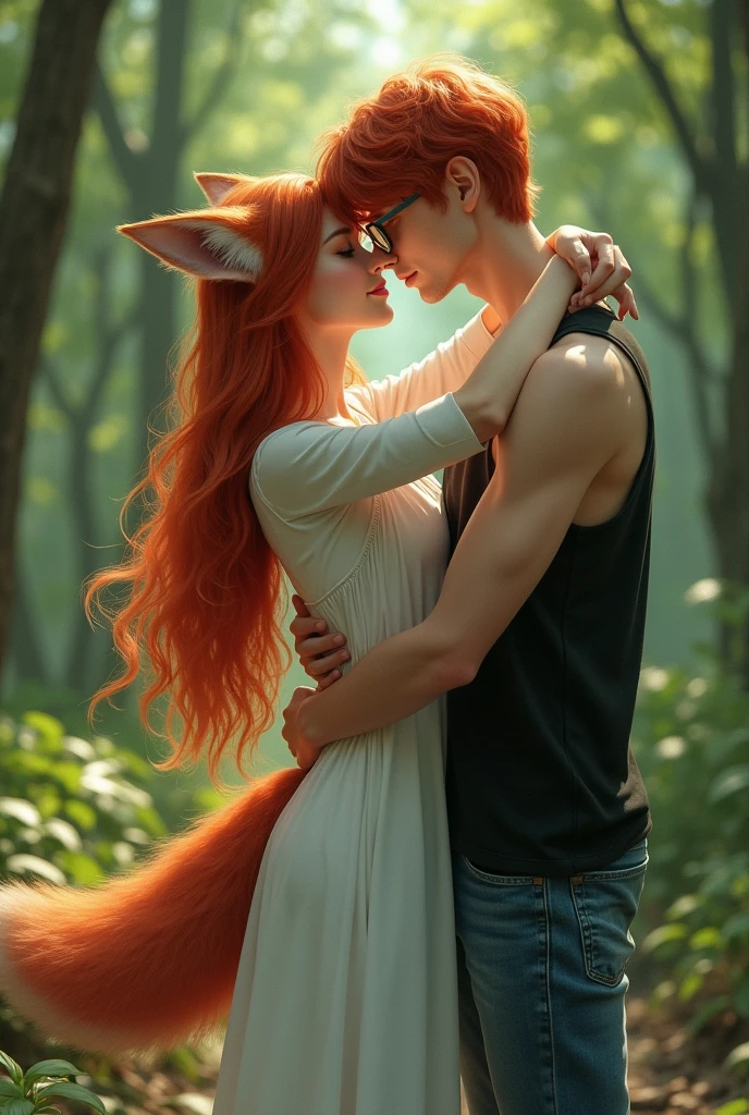 (raw photo, best quality) , (Realistic, photo-realistic: 1.4), extremely formidable overall plan, masterpiece, ultra-detailed, high resolution, best illustration, best shadow, complex, depth of field, very beautiful Western white woman with bewitching beauty (very realistic style), she has long red hair light brown eyes, she has a single beautiful fox tail, and beautiful medium-sized fox ears, she only has fox ears on her head ((she does not have human ears on her head)) ((we don’t see human ears on her head)), she wears a long fine white dress, she has a beautiful radiant smile, she is in a green forest, she hugs a young man, a 20-year-old human with wavy red hair, He wears rectangular glasses, is dressed in blue jeans and black tank top, the young man warmly embraces the young woman, overview, 8k photorealistic style, DSLR, high quality, (film grain: 1.4), Fujifilm XT3,