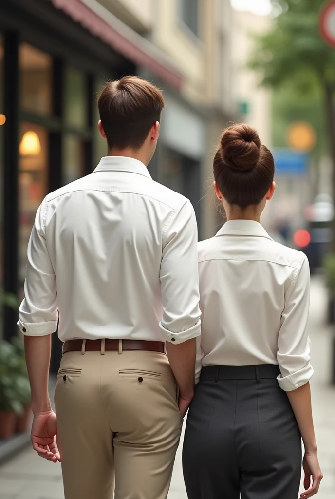 a europe gentle man dressed in a crisp white shirt and pants, the man's hair is brown short and neatly combed back is heading to a convenience store with a lady with bun hair and wears white shirt