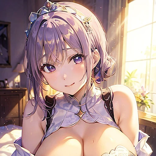 Young princess, slender girl, light purple hair, side ponytail, princess crown, purple eyes, sheer white dress, huge breasts, Middle Ages, gentle smile, sunlight, walking in the castle, lewd