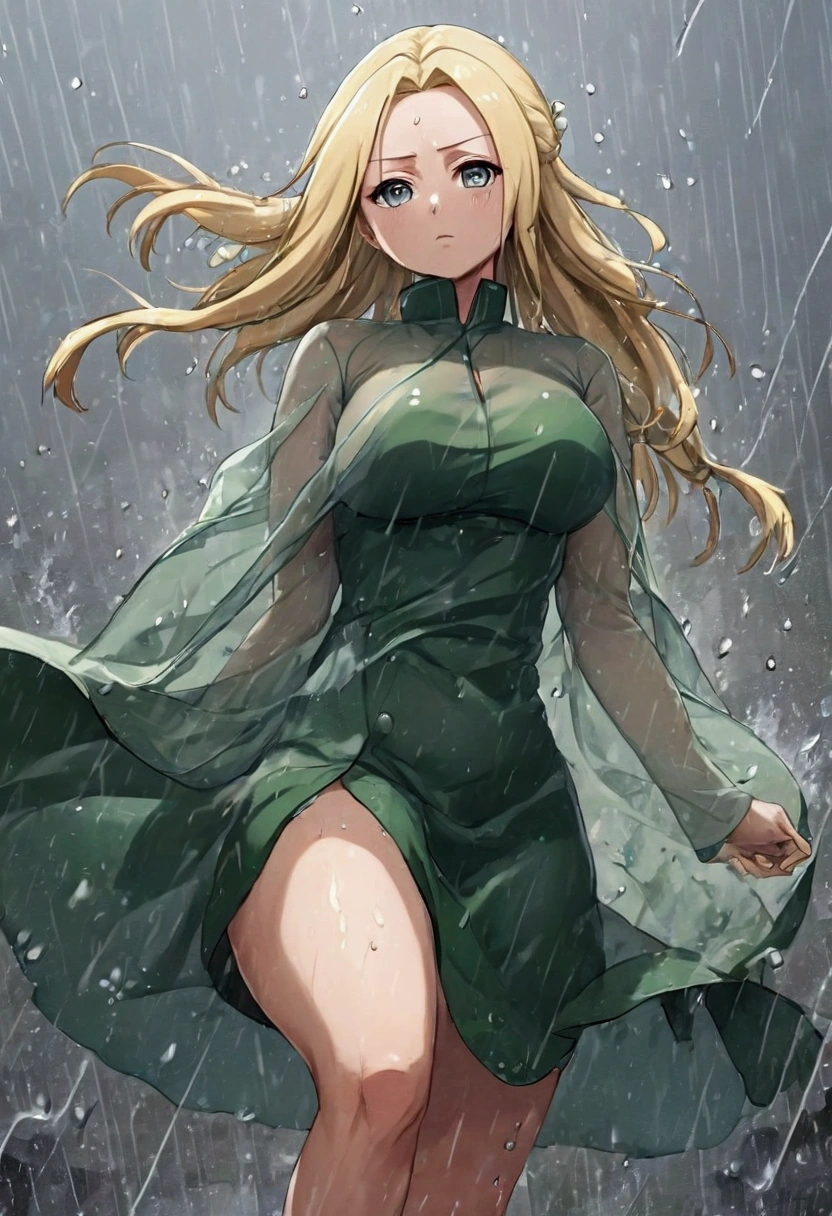 (8k, Highest quality, Manga style, View your viewers, Intricate details:1.3),(One woman, Tsunade from naruto), (China dress, See-through, Sweating, Full body portrait, Being hit by rain, Soaking wet)