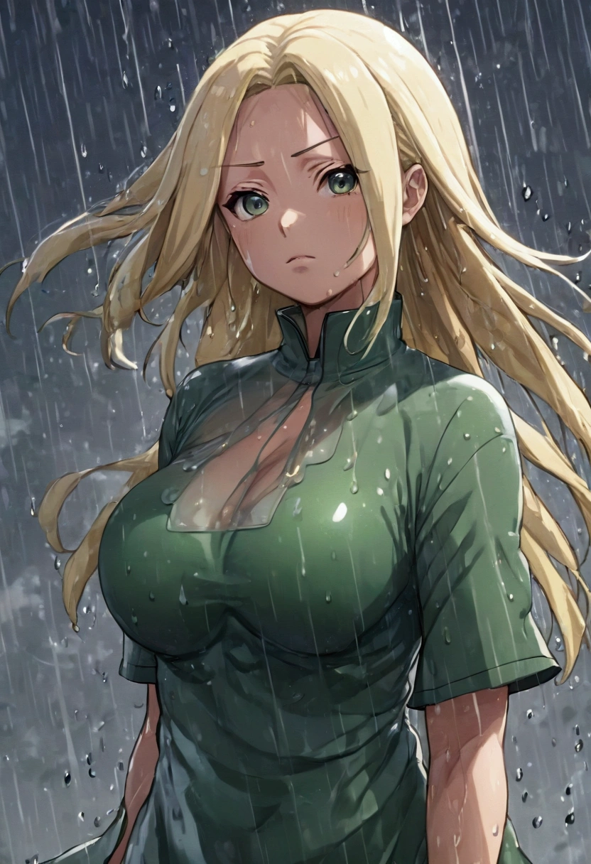 (8k, Highest quality, Manga style, View your viewers, Intricate details:1.3),(One woman, Tsunade from naruto), (China dress, See-through, Sweating, Full body portrait, Being hit by rain, Soaking wet)