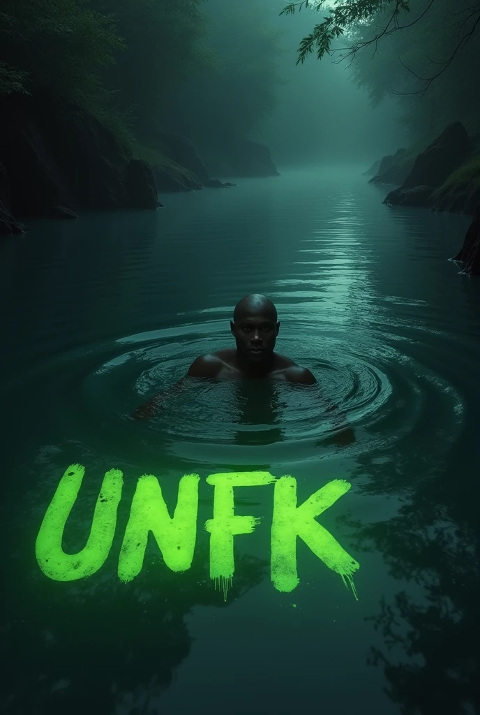 A bald man swimming in a dark river with UNFK written in a graffiti style on the water in a green lemon colour. 