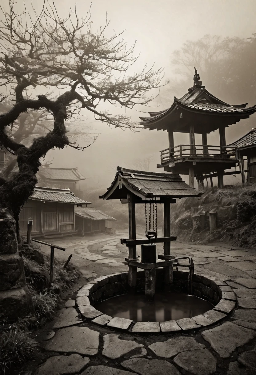 a surreal abandoned japanese village, an old well in the mist, gloomy sepia tones, dark shadows, monochromatic, retro, sense of loneliness and resentment, memories of fear, thick ominous fog, creepy atmosphere, photorealistic, high quality, detailed scene