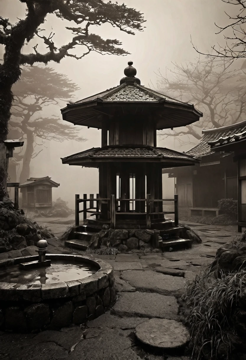 a surreal abandoned japanese village, an old well in the mist, gloomy sepia tones, dark shadows, monochromatic, retro, sense of loneliness and resentment, memories of fear, thick ominous fog, creepy atmosphere, photorealistic, high quality, detailed scene