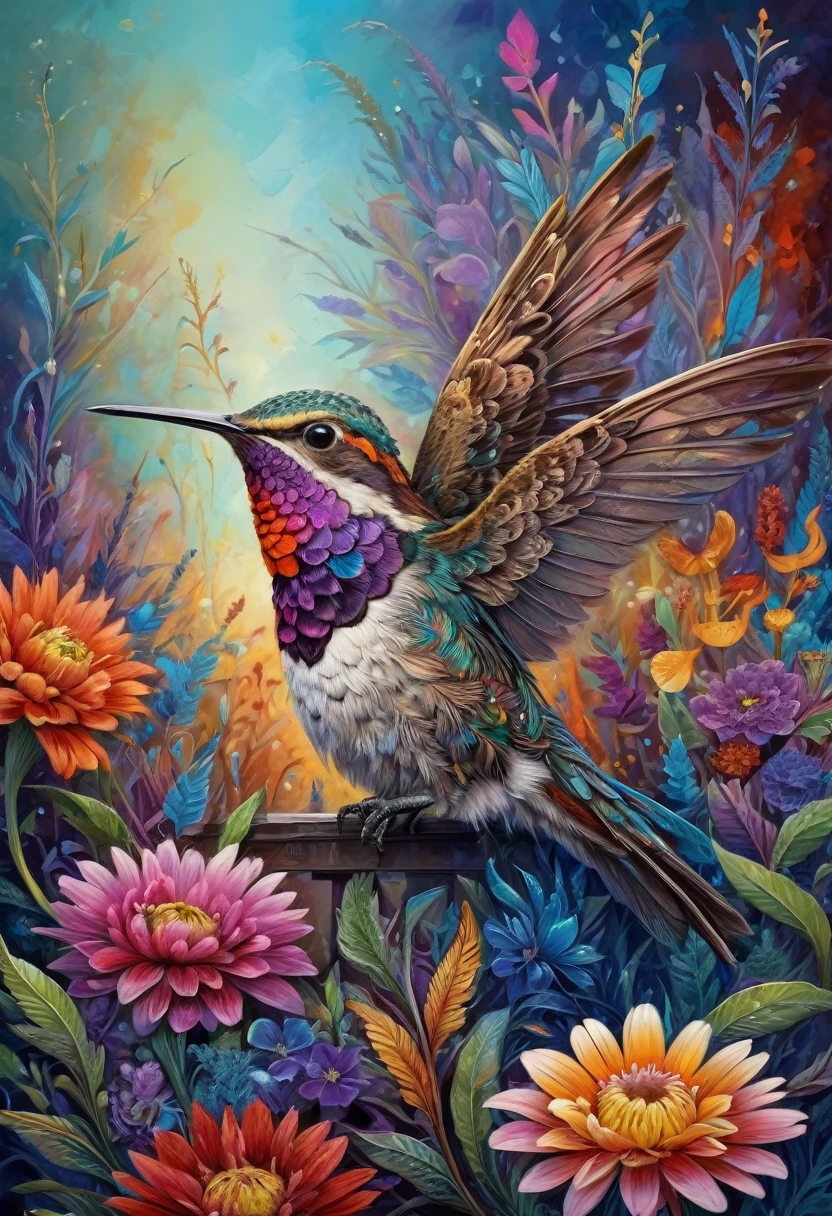 A hummingbird perched on a flower, its feathers adorned with vibrant colors, set against a natural background. The hummingbird is depicted with intricate details, bold colors, and high-definition quality, immersing viewers in the scene.