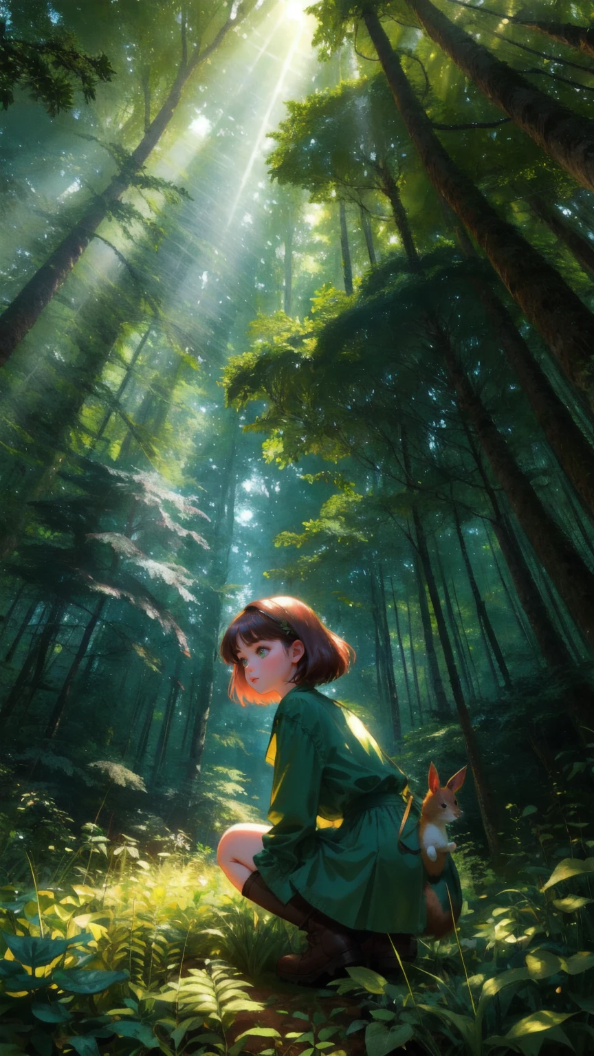 Illustrate a vibrant, cartoonish scene set deep in a lush, green forest. In the center of the image, a playful and curious girl character with expressive, wide eyes is crouching down, holding a small microphone as if she's about to make an important announcement. The girl is surrounded by tall trees with thick trunks, large leaves, and vines hanging down. The underbrush is filled with ferns and small plants, and a few woodland creatures like squirrels and rabbits peek out from behind the foliage. The atmosphere is lively and full of energy, with rays of sunlight breaking through the canopy, creating a natural, inviting glow. The overall color theme is rich green, capturing the essence of the forest environment, with no text added