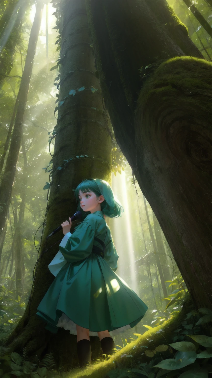 Illustrate a vibrant, cartoonish scene set deep in a lush, green forest. In the center of the image, a playful and curious girl character with expressive, wide eyes is crouching down, holding a small microphone as if she's about to make an important announcement. The girl is surrounded by tall trees with thick trunks, large leaves, and vines hanging down. The underbrush is filled with ferns and small plants, and a few woodland creatures like squirrels and rabbits peek out from behind the foliage. The atmosphere is lively and full of energy, with rays of sunlight breaking through the canopy, creating a natural, inviting glow. The overall color theme is rich green, capturing the essence of the forest environment, with no text added
