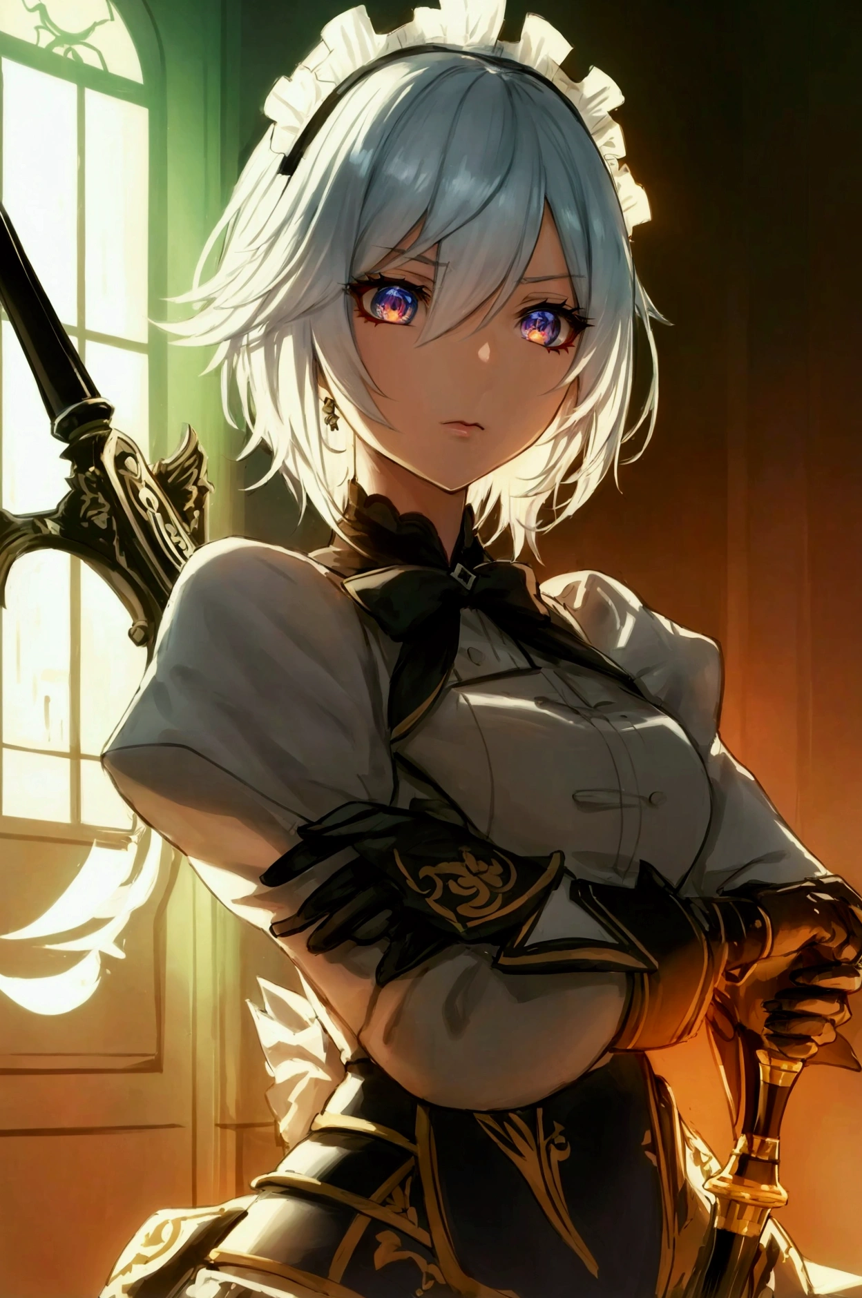 one girl, dynamic pose, extremely detailed, simple colors, holding weapon, battle maid, beautiful, anime style, psychopath like theme, short white hair, full body, intricate details, dramatic lighting, cinematic composition, high contrast, vibrant colors, chiaroscuro, digital art, concept art, masterpiece, , HDR,, detaled outfit,  show full body, genshin style, 