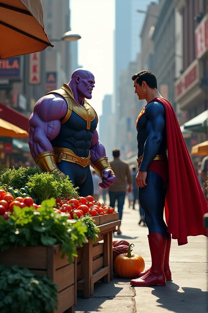 Thanos selling vegetable with Superman