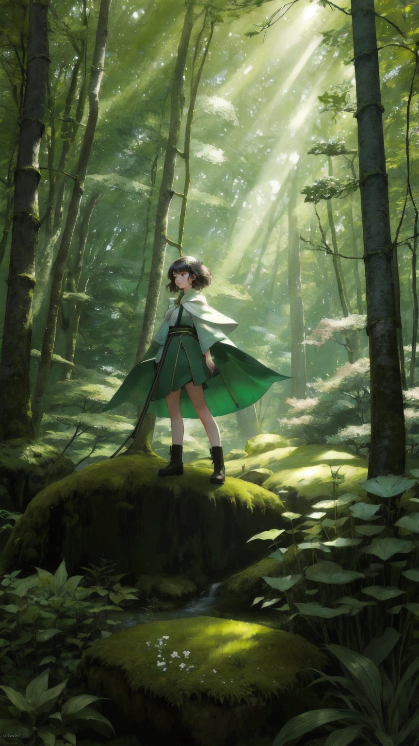 Depict a serene forest scene with a young, energetic girl character standing confidently on a moss-covered rock in the middle of the forest. The girl is in a dynamic pose, holding a microphone in one hand, as if she's about to deliver a powerful message. The forest is dense with towering trees, their branches full of leaves, creating a canopy that allows beams of sunlight to filter through. The ground is covered with soft moss, ferns, and small flowers, with a few curious woodland creatures nearby. The color theme is predominantly green, evoking a sense of tranquility and harmony with nature, with no text added to the image.