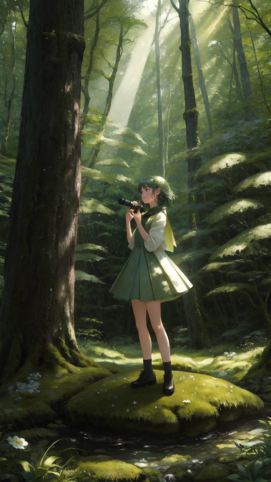 Depict a serene forest scene with a young, energetic girl character standing confidently on a moss-covered rock in the middle of the forest. The girl is in a dynamic pose, holding a microphone in one hand, as if she's about to deliver a powerful message. The forest is dense with towering trees, their branches full of leaves, creating a canopy that allows beams of sunlight to filter through. The ground is covered with soft moss, ferns, and small flowers, with a few curious woodland creatures nearby. The color theme is predominantly green, evoking a sense of tranquility and harmony with nature, with no text added to the image.
