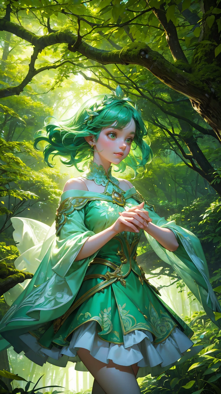 A beautiful, cute girl with bright green hair and wearing a dress adorned with leaf patterns, joyfully dancing in an enchanted forest. Her outfit flows elegantly as she moves, and her expression radiates happiness and freedom. The background is filled with vibrant green trees, lush foliage, and patches of colorful wildflowers, all illuminated by beams of sunlight filtering through the canopy. The forest floor is a glowing path of soft green moss and leaves. Floating digital elements like Bitcoin coins and stock charts subtly blend into the forest, adding a whimsical fantasy touch. The scene is fully zoomed out, capturing the entire character in motion, surrounded by layers of deep, vivid greens to enhance the magical atmosphere."