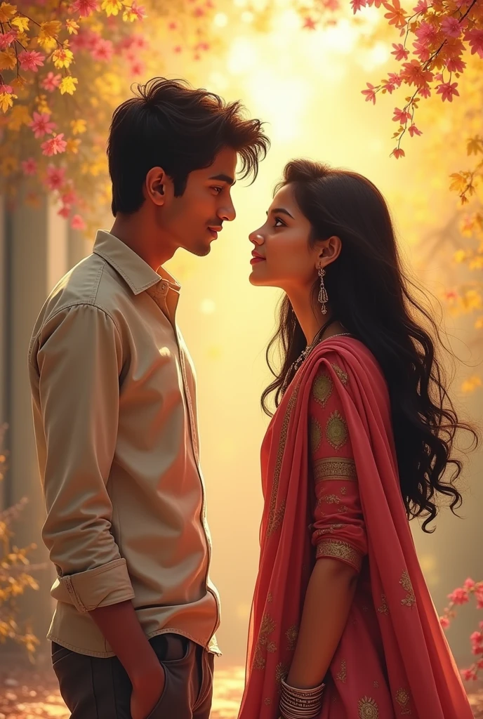 Make a painting of a young boy and young girl holding hands and looking at Each Other romantically. the girl is dressed in a punjabi suit wears one pearl bracelet given to her by the boy. the boy is dressed in kurta pajama. this is set in the 90's era india