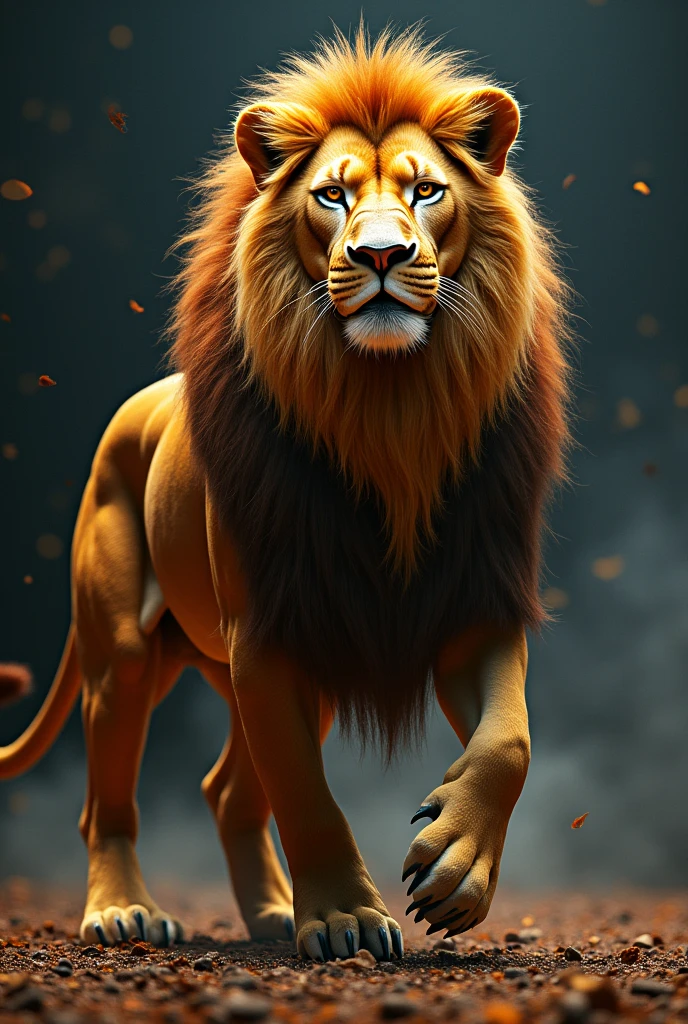 The Ronalion is a striking hybrid that merges the athletic prowess and charismatic presence of Cristiano Ronaldo with the majestic power of a lion. It boasts a lion's regal mane and muscular build, but its facial features are distinctly human, with Ronaldo’s sharp eyes and confident expression. This creature has a lion’s powerful limbs and agile body, enhanced by Ronaldo’s exceptional agility and speed. Its movements are both graceful and commanding, combining the lion's raw strength with Ronaldo's dynamic athleticism, making it an awe-inspiring figure both on land and in the spotlight. -ar 9:16