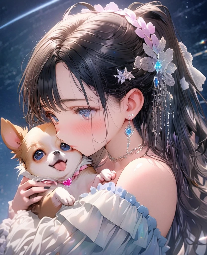 8k,Ephemeral beauty，Very delicate and beautiful,Beautiful and realistic skin,Shiny Hair,Black Hair、Long and colorful hair,Beautiful Eyes,Beautiful night sky、shy、Hair half-up、No hair accessories、small jewel pin、No earrings、No piercing、shy、Blue frilly outfit、Chihuahua(cream)hug