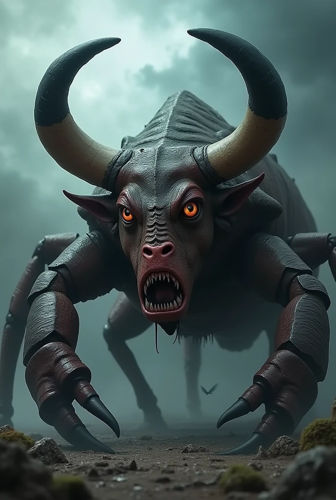 Crab and Bull combination animal  full image realistic image scary image 
