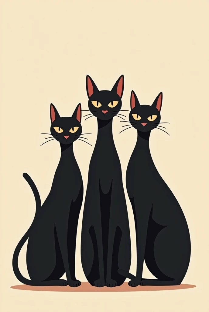 Flat vector illustration of 3 elegant black cats for cafe