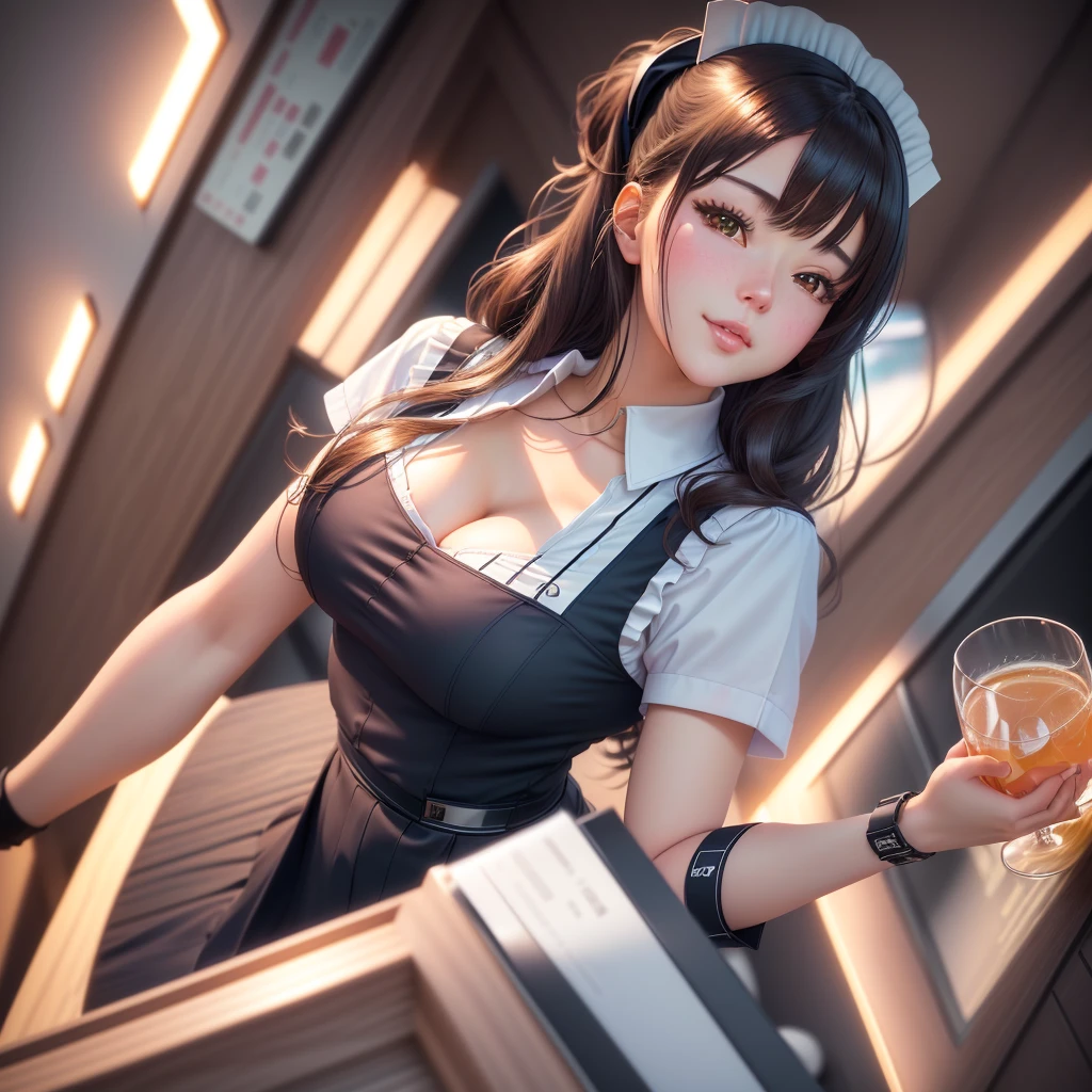 Close-up，A person holding a tray，A drink is on the tray。, seductive anime girl, ( waitress ) girl, Popular topics on cgstation, hyperrealistic schoolgirl, realistic schoolgirl, Beautiful charming anime woman, Realistic anime 3D style, a hyperrealistic schoolgirl, 8K high-quality detailed art, (SFW) Work, OPPEIN