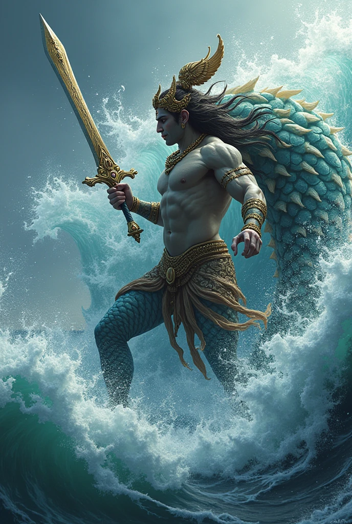 Matsya Avatar of Vishnu: Lord Vishnu as Matsya, the fish avatar, shown as a powerful warrior with the upper body of a man and the lower body of a fish. He is holding a celestial sword, battling a sea monster in turbulent ocean waters, with a divine aura surrounding him.