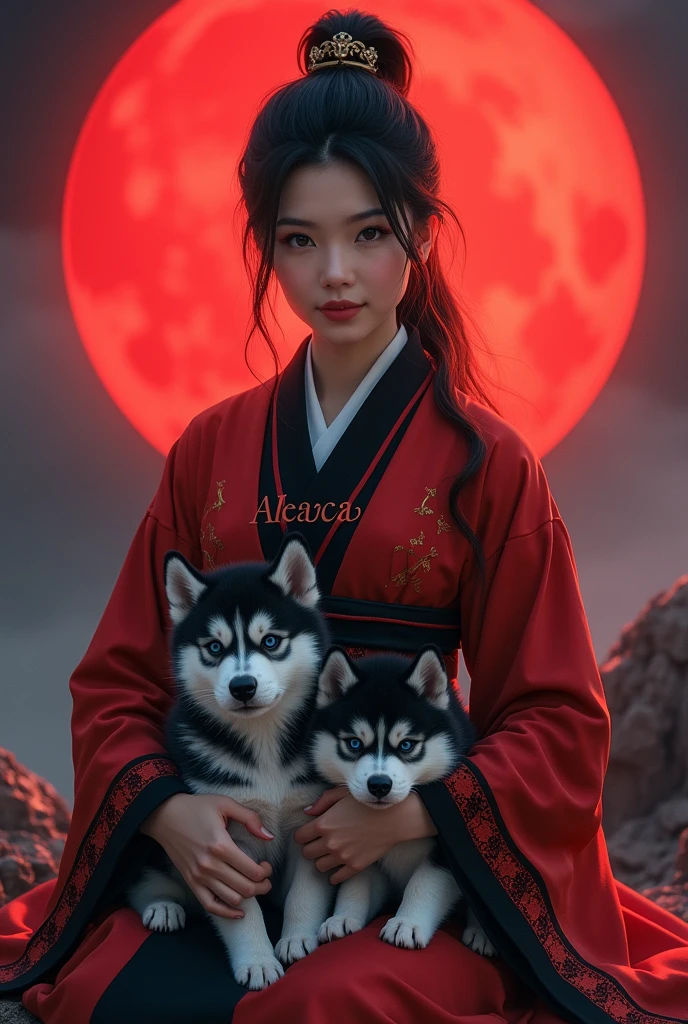 Beautiful samurai Asia girl with red black outfit while holding Husky puppies on her and the background is red moon and her name was on her left chest sign "Aleaaa" and also cover her chest properly 