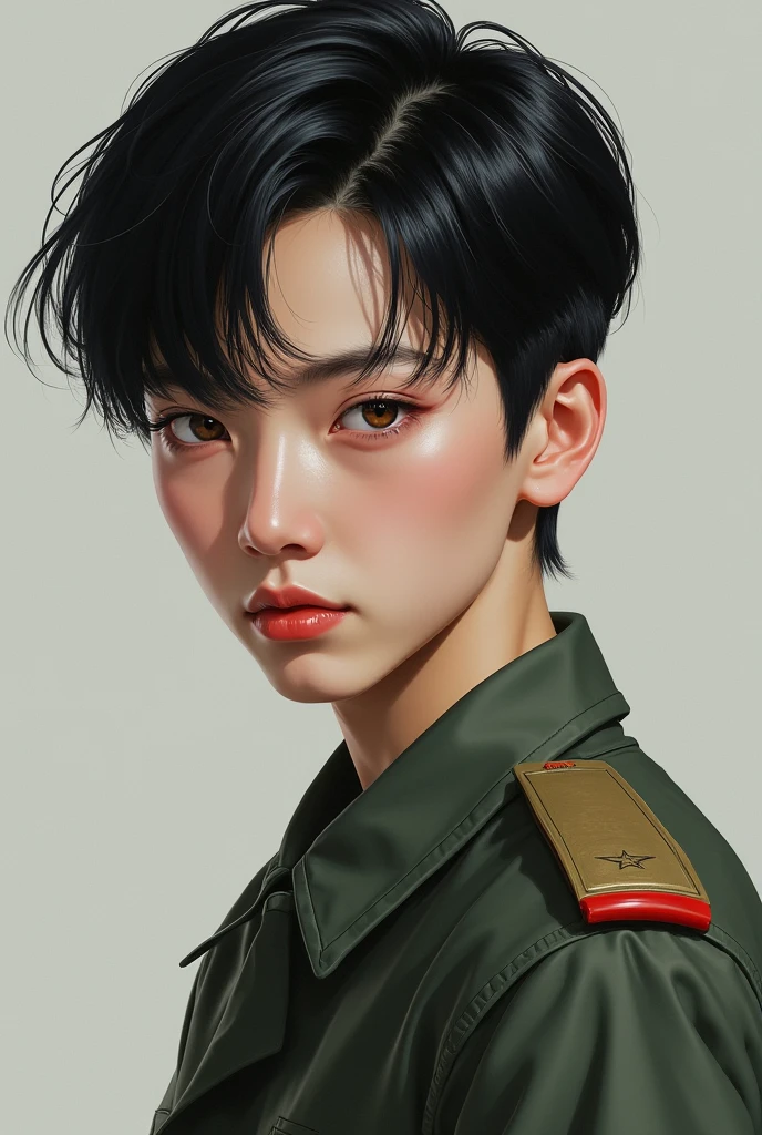 Appearance: (appearing boyish),shorter black hair, pale skin, slender figure, sharp brown eyes, sharp features.
Age:29
Nationality:Korean 
Job:soldier 

*Realistic image*