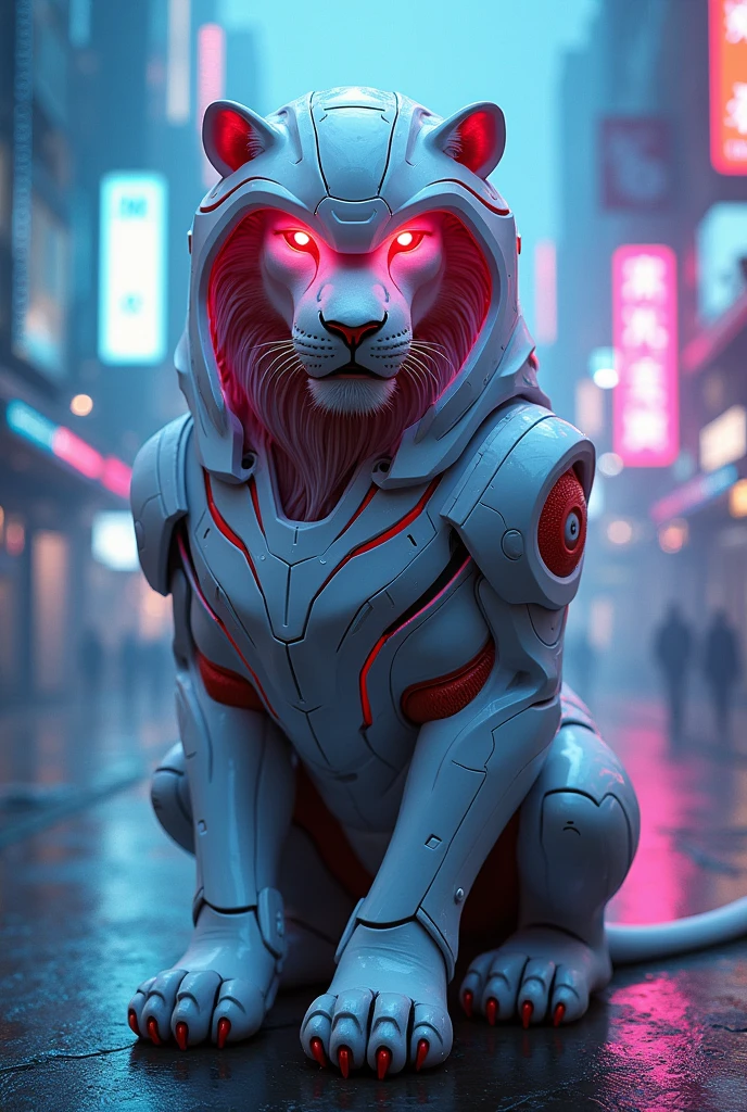 Lion in white glossy cyborg helmet and costume with red glowing eyes, sitting in cyberpunk neon city with blue and pink lights