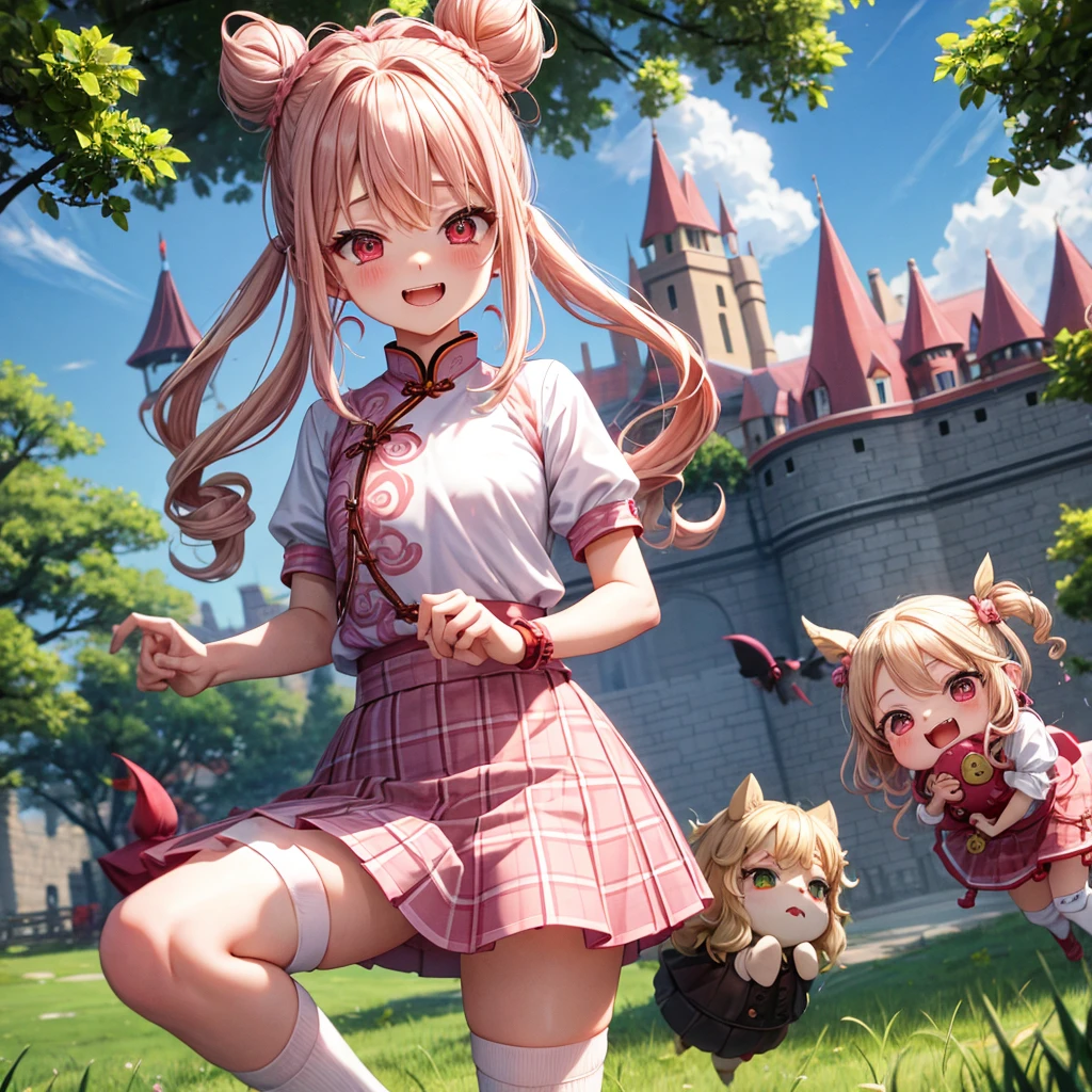 Pink Blonde、Red eyes、Wavy Hair、Hair tied up、Two cute、Checked mini skirt、China、Knee-high socks、Teeth are visible、Monster Castle、Tilting face、grass、There's a stake stuck in the ground、In front of the city gates、Underground tunnels、Iron suspension bridge、The stone is cracked、Giant wood、There is a step on the ground、Piglet、it's raining、Round Table、Cape