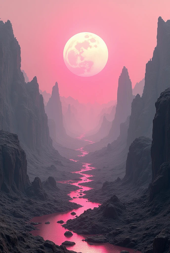 a wiew of a vast landscape panorama. ((desire, fulfillment,pride,cruelty)),((pink,black,pale grey)),((deep wiew)),photographic,ultra high resolution,hyperdetailed, masterpiece, 3d modelling, digital art.