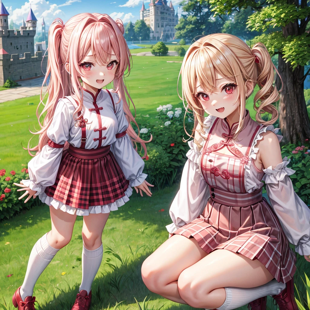 Pink Blonde、Red eyes、Wavy Hair、Hair tied up、Two cute、Checked mini skirt、China、Knee-high socks、Teeth are visible、Monster Castle、Tilting face、grass、There&#39;s a stake stuck in the ground、In front of the city gates、Underground tunnels、Iron suspension bridge、The stone is cracked、Giant wood、There is a step on the ground、Piglet、it&#39;s raining、Round Table、Cape