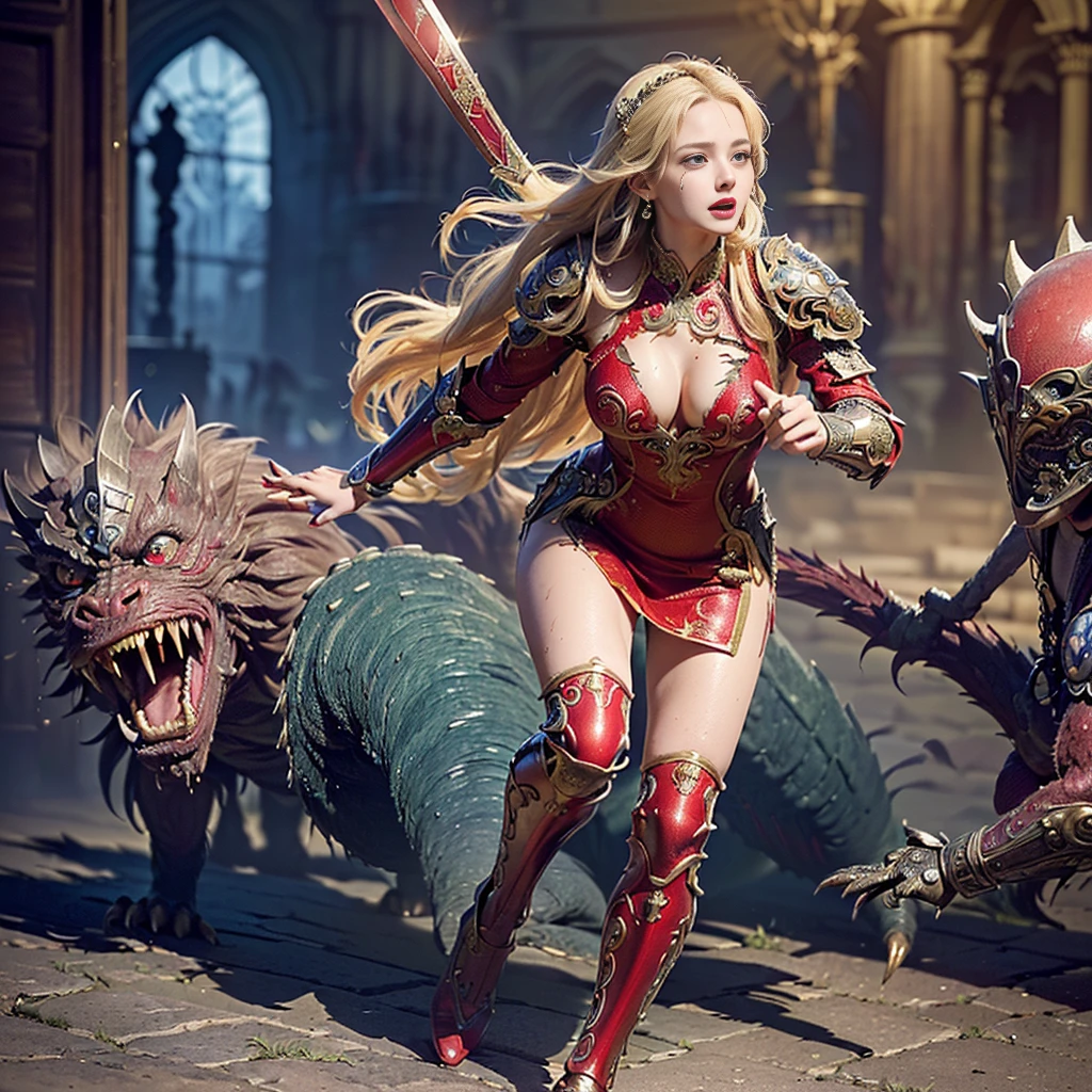 (((masterpiece, best quality))),(((high quality))),(((high resolution illustration))),(((hyper detail))),NSFW,(((Wordsworth's Sharon))),(((Very beautiful long blonde hair))),(((Very beautiful face))), ((((Detailed face)))),(((very beautiful blue eyes))),(((Realistic Skin))),(((her face is flushed))),(((slim body))),(((slim thighs))),(((small breasts))),(((very beautiful slender legs))),(((deep red armored dress armor with extremely detailed and intricate decoration:1.5))),(((beautiful earrings))),(((beautiful hair ornaments))),(((Late at night in the great hall of a luxurious medieval castle:1.4))),(((late at night:1.4))),(((wet her skin))),((Sharon is crying with tears streaming down her face:1.2))),,(((Her right hand is holding a sword:1.2))),(((Sharon is running away from many monsters:1.2))),(((Sharon is being chased by many monsters:1.5))),(((torn clothes:1.7)))