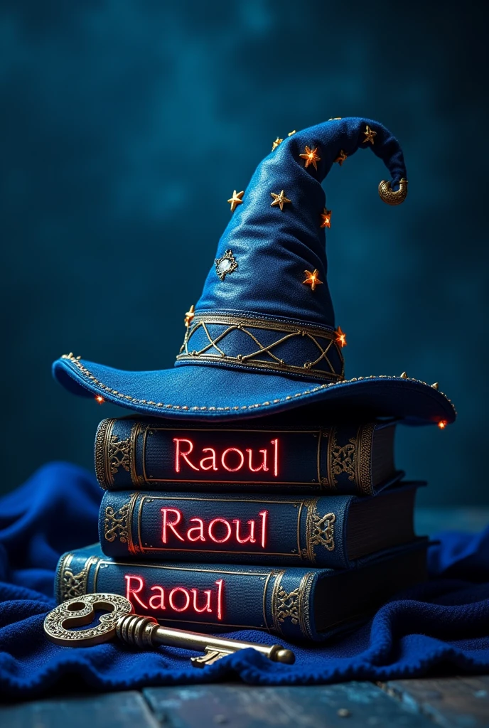 A mesmerizing dark fantasy scene featuring a mysterious wizard, with a glowing dark blue hat adorned with gold embellishments and stars, perched atop a trio of closed books. The books are intricately embroidered with the name "RAOUL" in vibrant, glowing letters, and are partially covered by a dark blue fabric or scarf. A mysterious antique key with intricate details lies beside the books. The enchanting atmosphere is enhanced by a deep blue background, reminiscent of a night sky, drawing viewers into a world of magic and wonder.