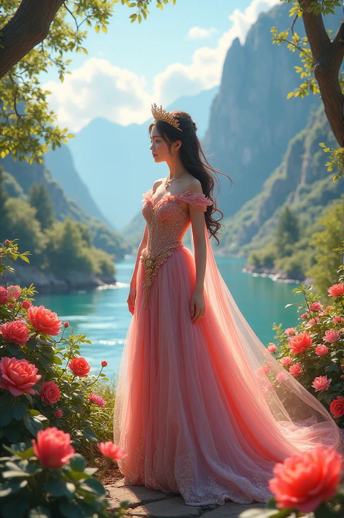 Princess with flower garden, River and mountain