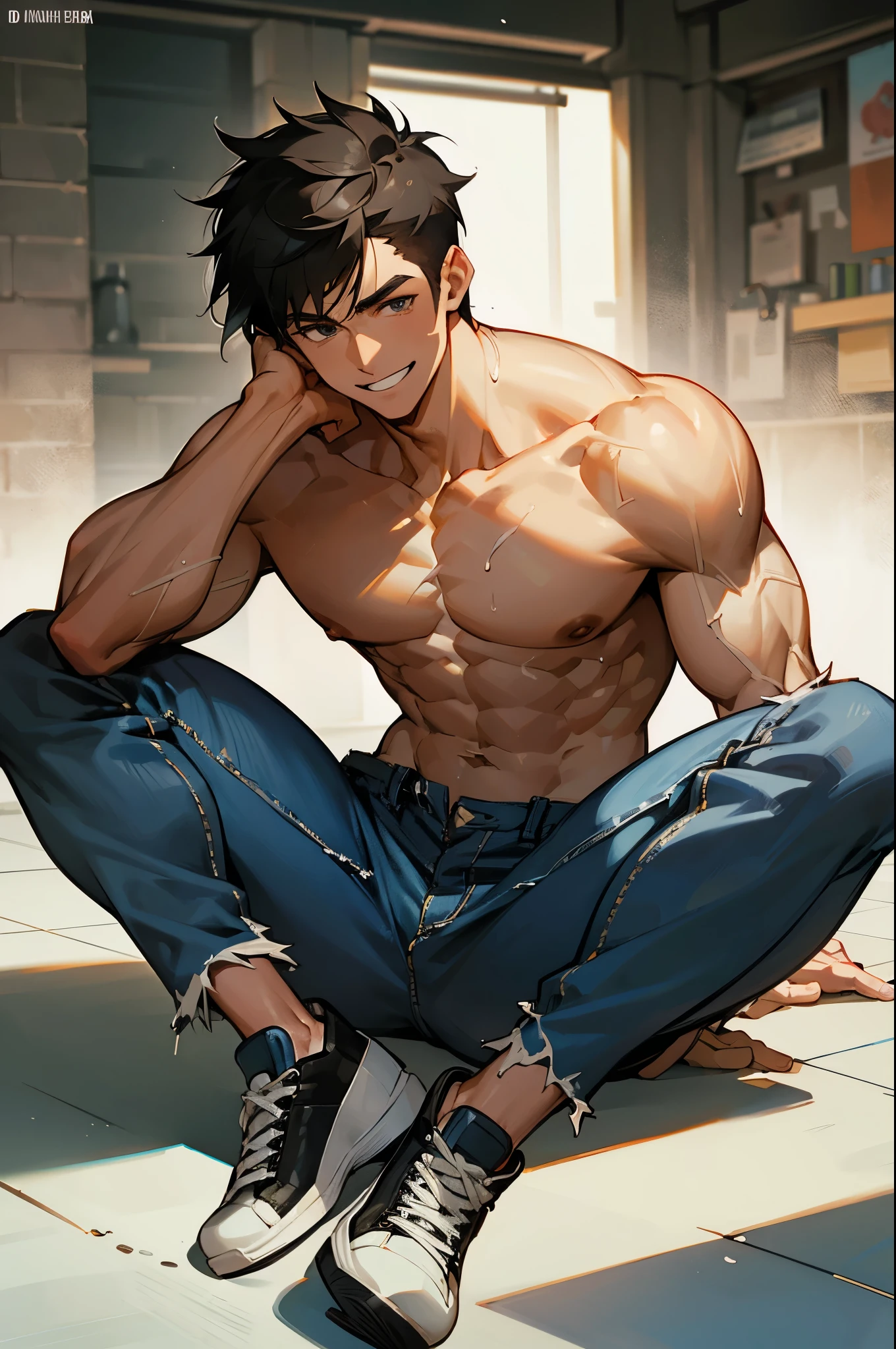 Topless,super muscles,Sweating,2,Short black hair,Handsome white male, Ripped jeans, sports shoes, Smile