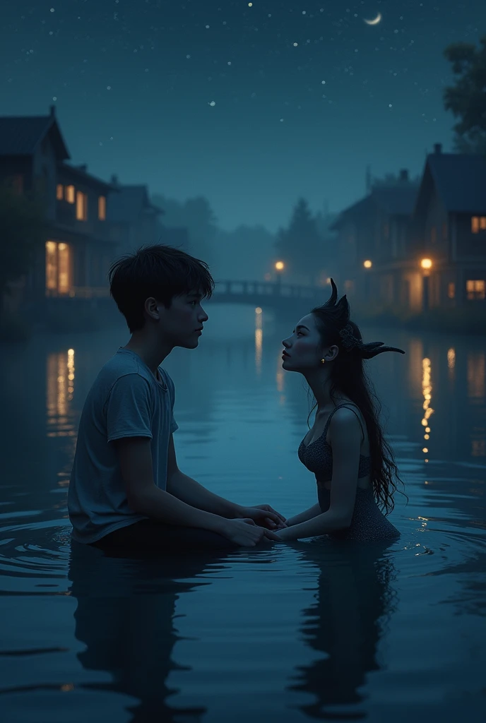 A teen boy and a sitting in a dark still lake in the middle of a village